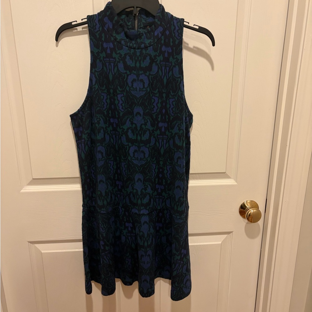 Free People Sleeveless Mock Neck A line dress in Blue and Green Pattern- Size M